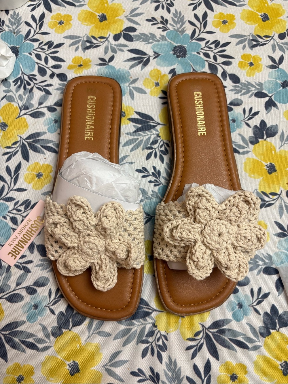 Cushionaire Beige Crochet Flower Slide Sandals for Women